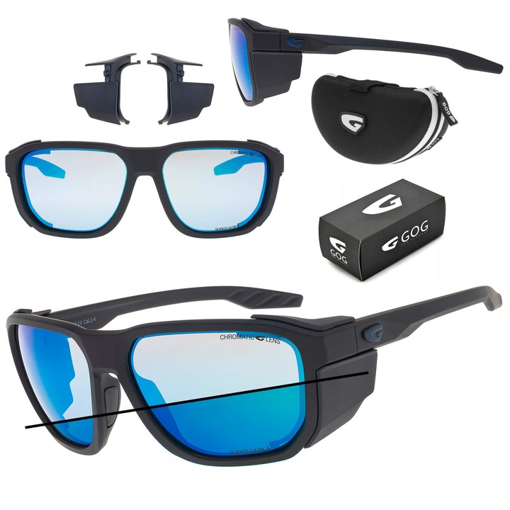 Ochelari de soare sport GOG, protectie solara fotocromatica, UV400, negru, lentile albastre, accesorii incluse