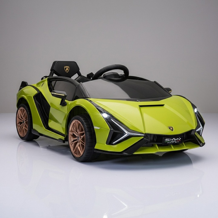 Masinuta Electrica de Tip Lamborghini Syan, Comando Kids, Control prin Telecomanda, Centura Siguranta, Scaun Piele Ecologica, Putere 50W, 2 Motoare 12V, Cadru Rezistent, Sistem Anti-Rasturnare, Faruri Fata-Spate, MP3 Player, Varsta 3-5 Ani, Verde