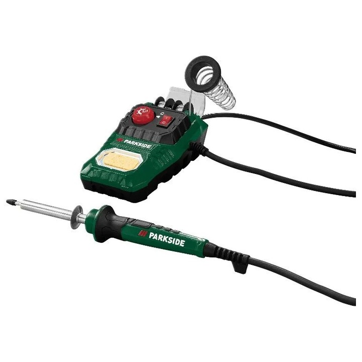 Statie de lipit reglabila Parkside PLS, Temperatura reglabila intre 100 – 500 °C, Fier de lipit ergonomic cu maner moale si varfuri interschimbabile (forma rotunda si plata)