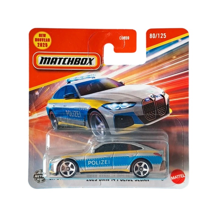 Matchbox kisautó, BMW i4 Police Sedan 2023, szürke - kék, 1:64 méretarány, 2026-os modell