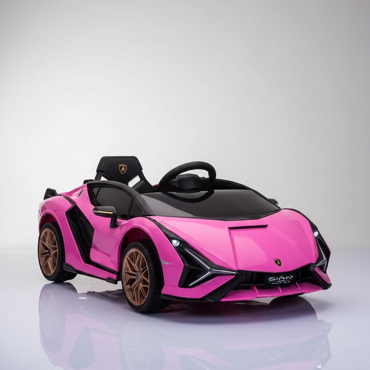 Електрическа кола тип Lamborghini Sian, Comando Kids, дистанционно управление, предпазен колан, седалка от еко кожа, мощност 50W, 2 двигателя 12V, здрава рамка, система против преобръщане, предни и задни фарове, MP3 плейър, възраст 3-5 години, розова