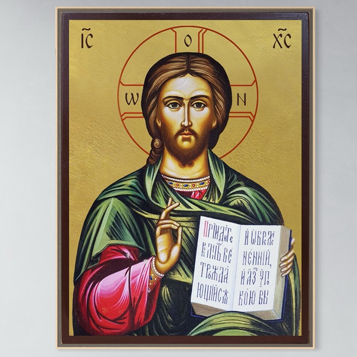 Tablou Canvas Premium, LuxCanva® H1092, Doar Sasiu Lemn, Iisus Hristos cu Evanghelia, 75 X 100 CM, Panza Bumbac 100% 400g/m2, Sasiu, Lemn, Icoana, Mantuitor, Imparat, Altar, Evanghelie, Invatator, Izbavitor, Rugaciune, Living, Dormitor