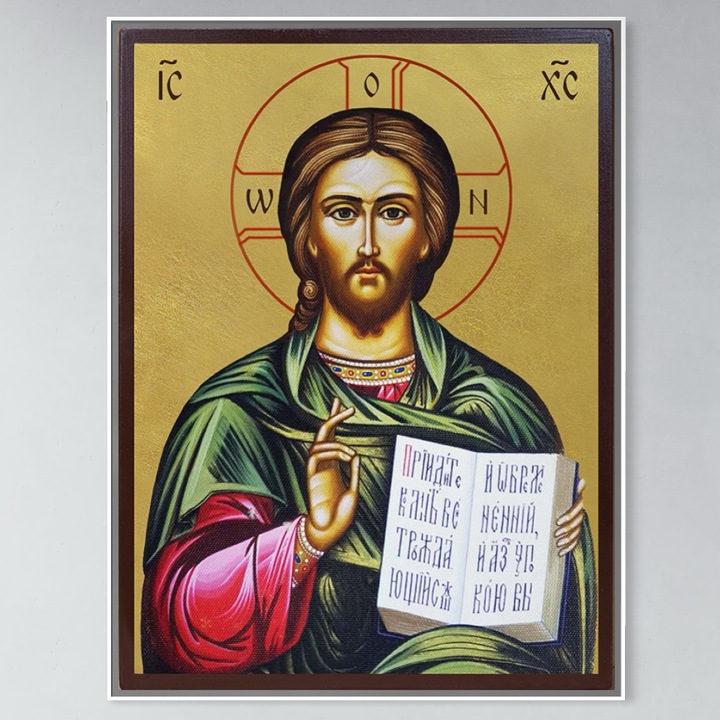 Tablou Canvas Premium, LuxCanva® H1092, Rama Aluminiu Silver, Iisus Hristos cu Evanghelia, 45 X 60 CM, Panza Bumbac 100% 400g/m2, Sasiu, Lemn, Icoana, Mantuitor, Imparat, Altar, Evanghelie, Invatator, Izbavitor, Rugaciune, Living, Dormitor