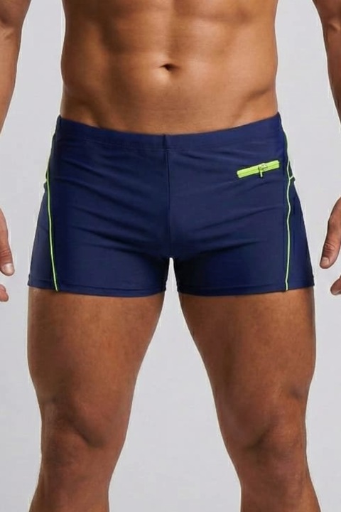 Slip de baie barbati tip boxeri, cu snur si buzunar cu fermoar bleumarin/neon Q330 14179, Bleumarin