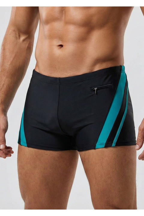 Slip de baie barbati tip boxeri, cu snur si buzunar cu fermoar negru/verde Q329 14194, Negru