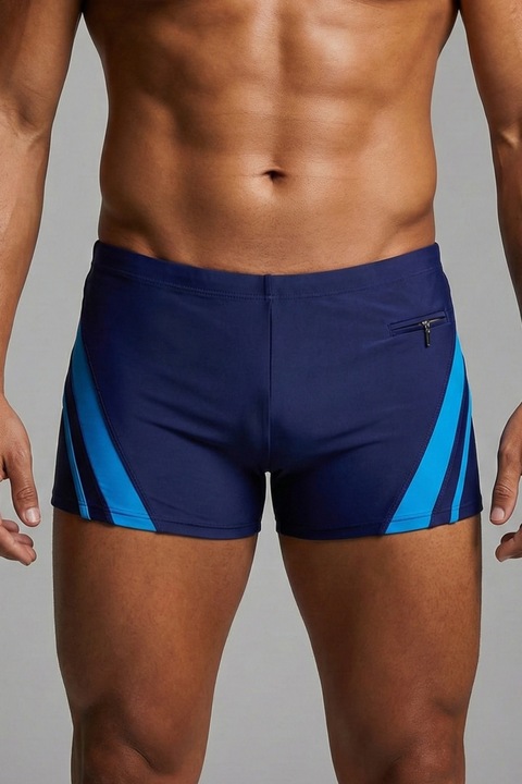 Slip de baie barbati tip boxeri, cu snur si buzunar cu fermoar bleumarin/bleu Q329 14224, Bleumarin