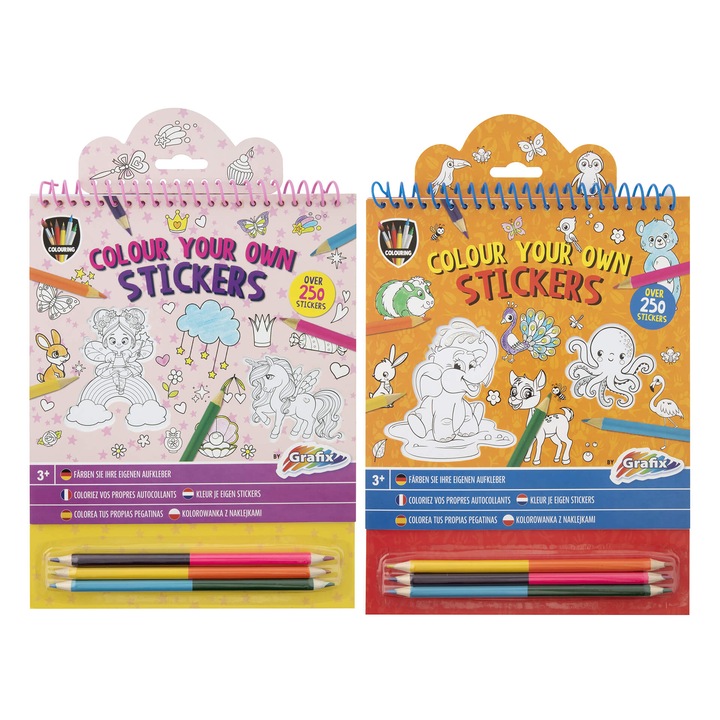 Carte de colorat cu abțibilduri Moxy, cu 3 creioane duble incluse, asortate, 48 bucăți