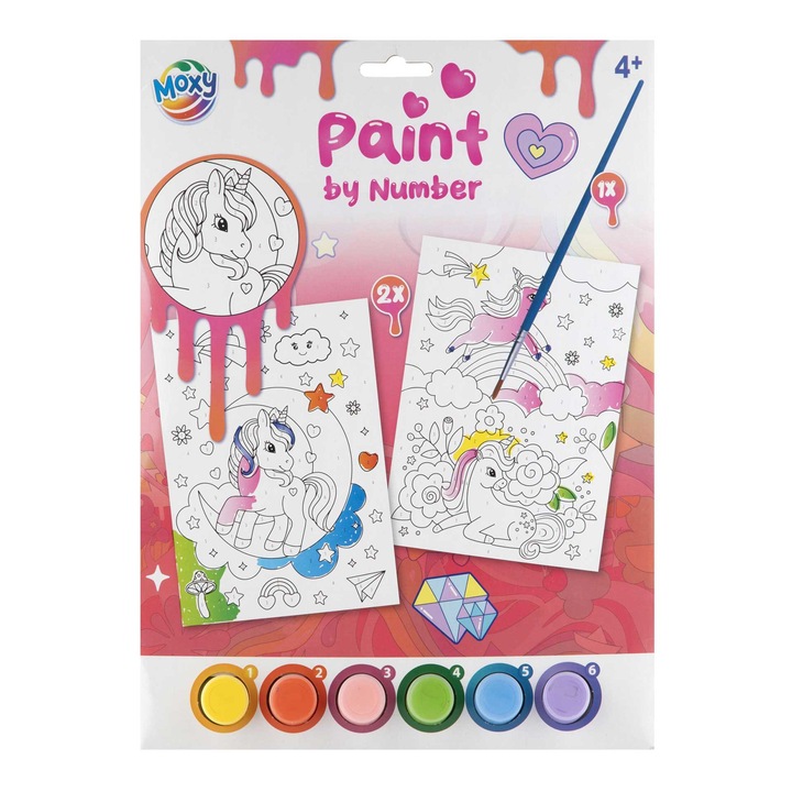 Рисуване по номера Moxy Еднорог, 2xA4, с четка и 6 бои