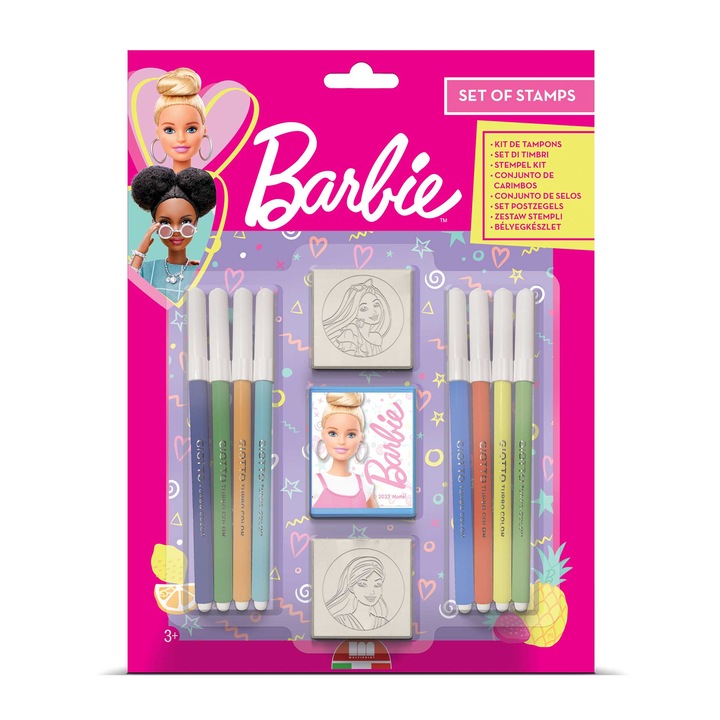 Set Multiprint Barbie, pentru fete, cu 2 ștampile și 8 carioci
