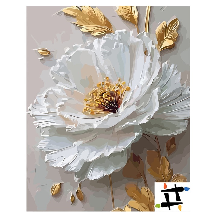 Комплект за рисуване по номера, Изисканост в бяло 6550, памучно платно на дървена рамка, 40x50см, включва 3 четки и акрилна боя