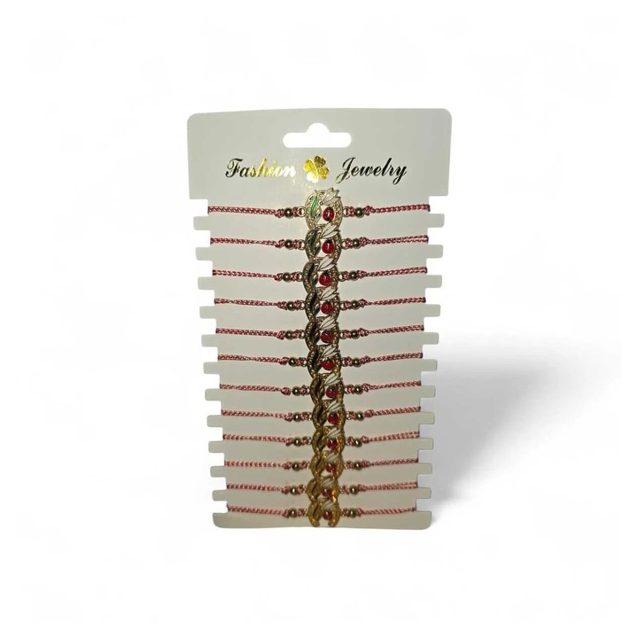 Set 12 martisoare, Tip bratara, Dimensiune reglabila, Snur rosu-alb, Potcoava