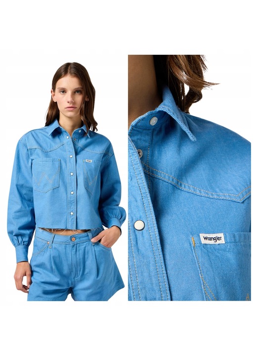Női ing, Wrangler, Cut Off Shirt, Regular Fit, Klasszikus dizájn, Rövid hosszúság, Hosszú ujjú, Gombos, Pamut, Kék, Kék