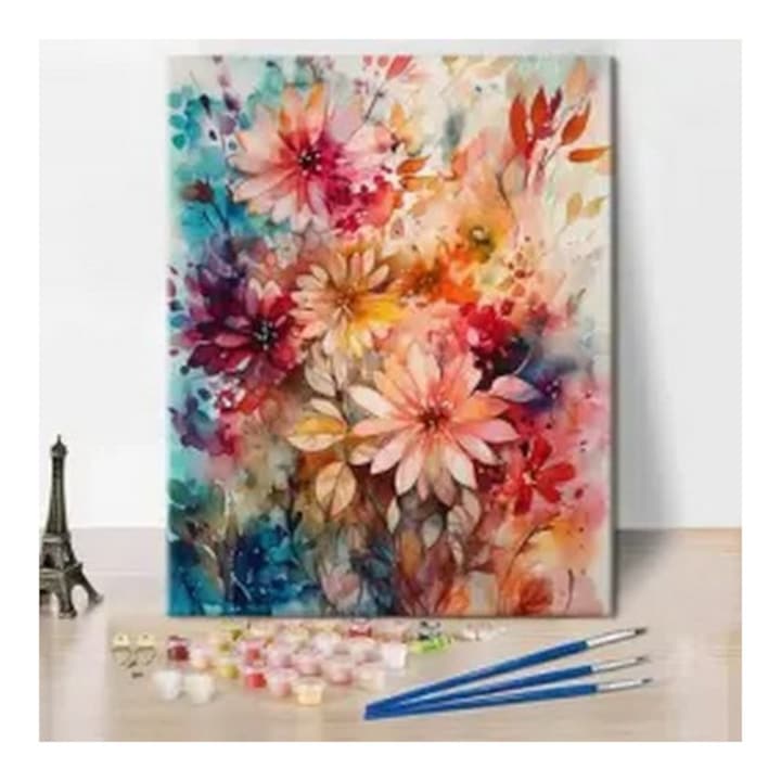 Set pictură pe pânză numerotată Tishiron, flori, 40x50 cm, vopsea acrilică, perii