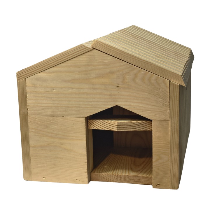 Casuta pentru arici MODO24 din lemn natural, cu izolatie, 25x36x27 cm, bej