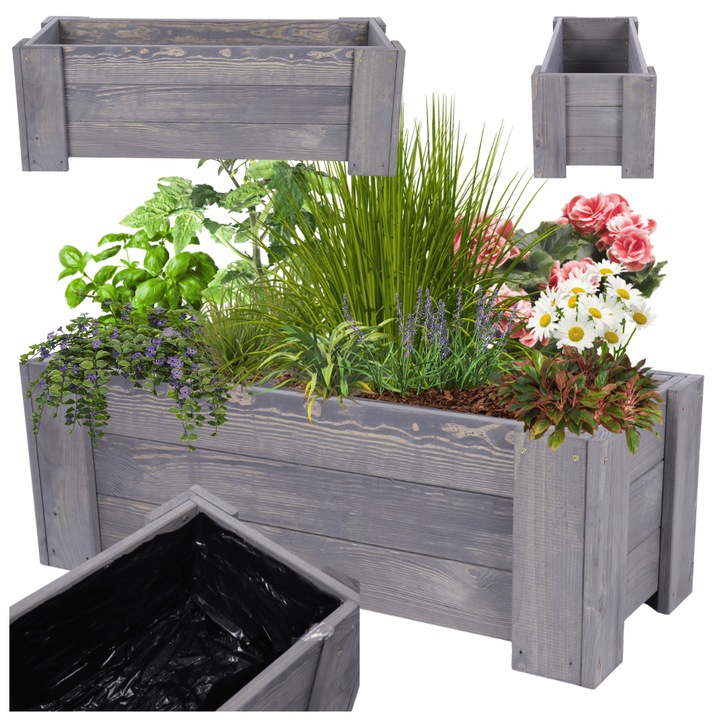 Ghiveci din lemn MODO24, 30x60x30cm, gri, cu folie de protectie, pentru plante, set disponibil