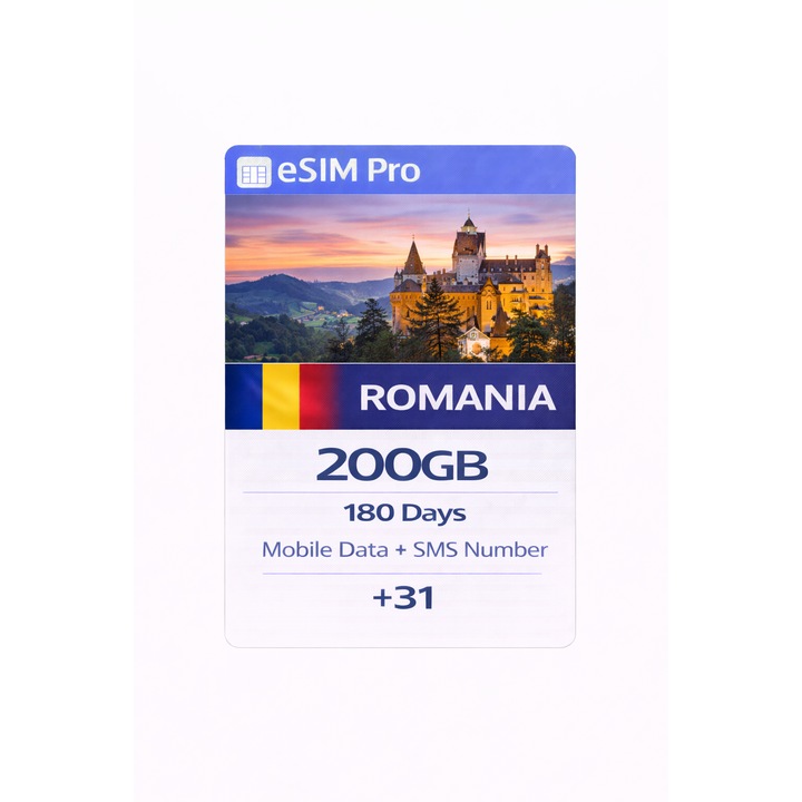 eSIM Pro NextSIM Romania, 200 GB date mobile, număr SMS (+31), 180 zile, activare instantă