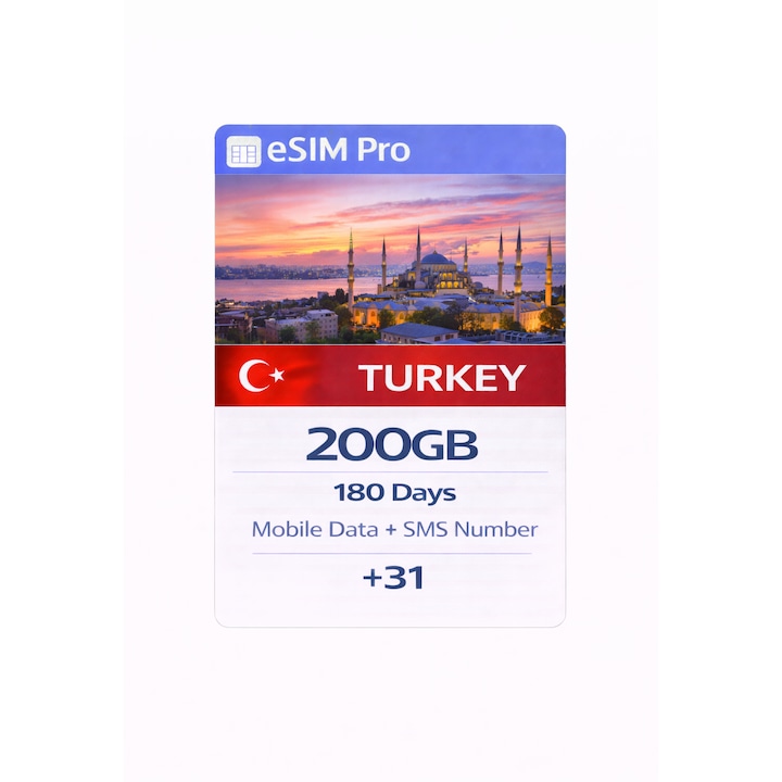 Set eSIM Pro NextSIM Turcia, 200 GB date mobile, număr dedicat SMS (+31), activare instantă, valabilitate 180 zile