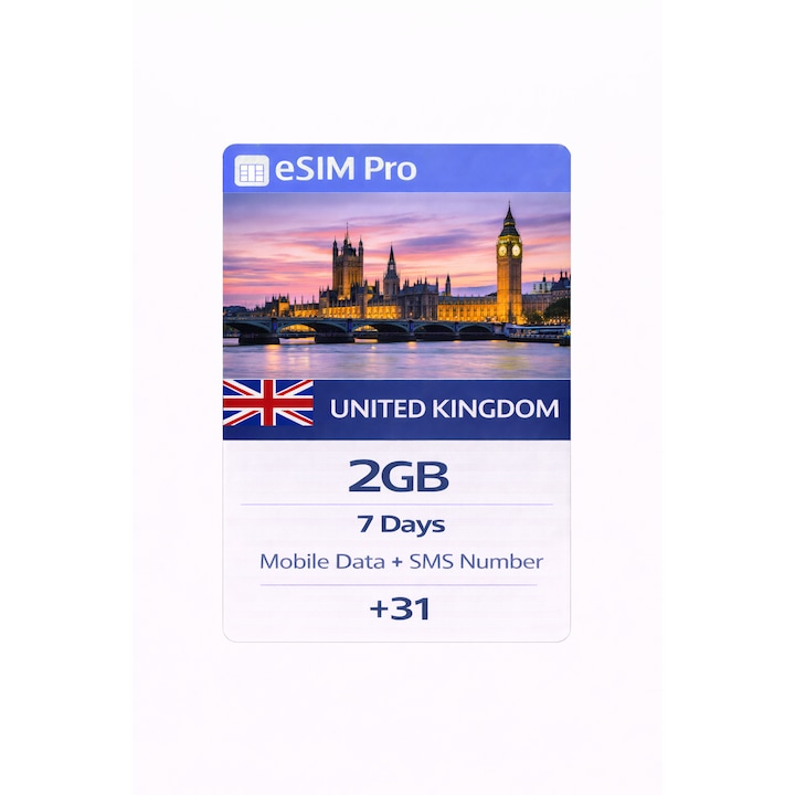 Set eSIM Pro NextSIM, 2 GB, număr SMS (+31), valabilitate 7 zile, activare instantă, Regatul Unit