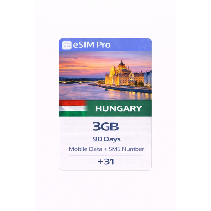 NextSIM eSIM Pro Ungaria, 3 GB Date Mobile, Numar SMS (+31), 90 Zile