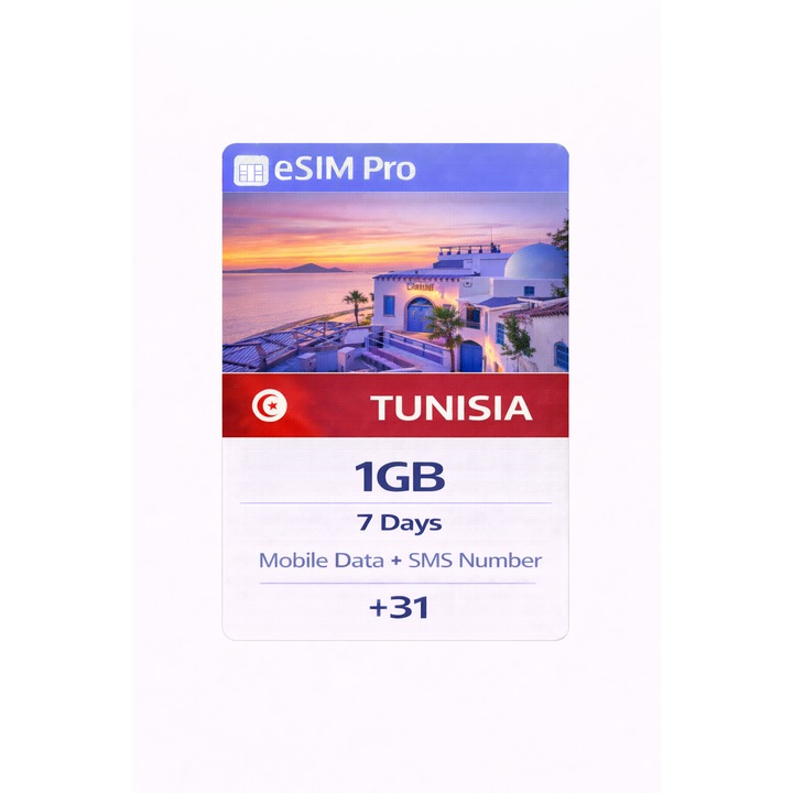 Set pre-plătit eSIM Pro NextSIM Tunisia, 1 GB date mobile, număr SMS (+31), valabil 7 zile