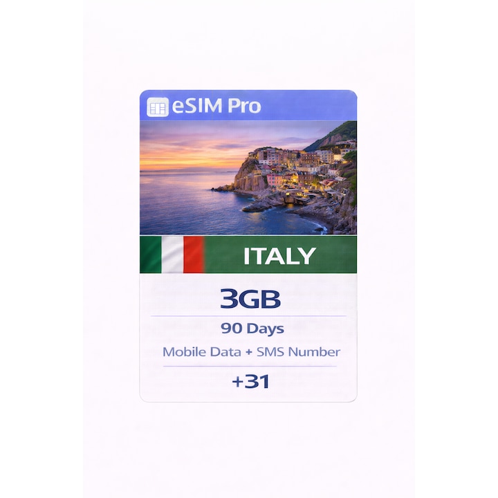 Set Pre-paid NextSIM eSIM Pro Italia, 3 GB Internet, Numar SMS (+31), 90 zile