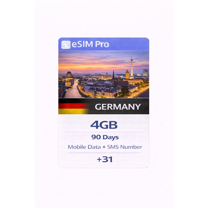 Set pre-plătit NextSIM eSIM Pro Germania, 4 GB date mobile, număr SMS dedicat (+31), 90 zile