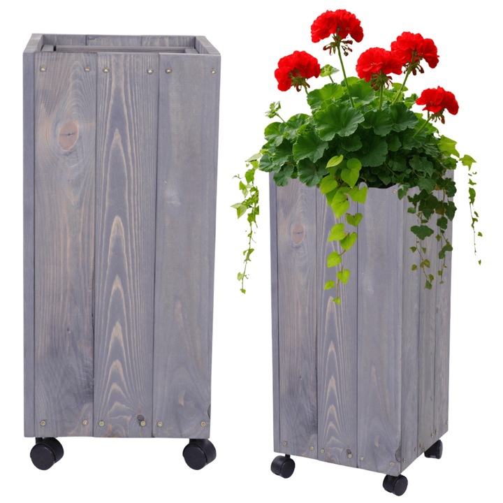 Ghiveci mobil din lemn MODO24, 86x28x28cm, gri, pentru balcon, cu roti