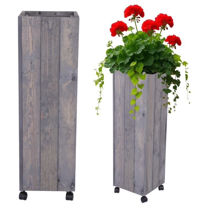 Ghiveci mobil din lemn MODO24, 96x28x28cm, gri, pentru balcon, cu roti