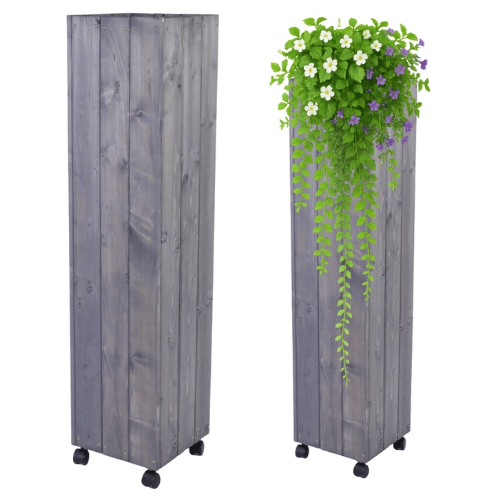 Ghiveci mobil din lemn MODO24, 143x37x37cm, gri, cu roti, impermeabilizat