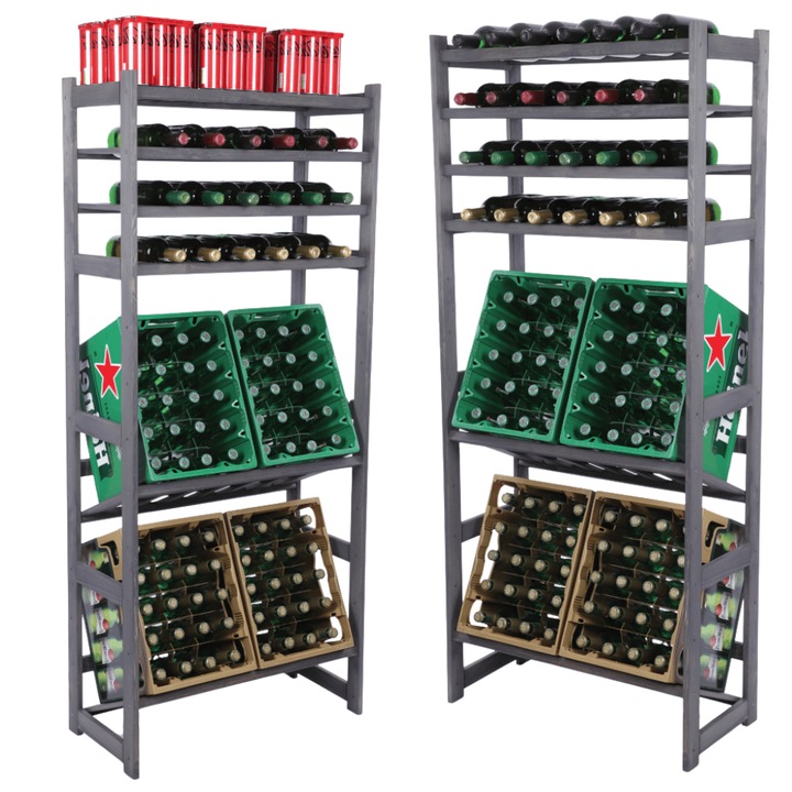 Raft modular pentru sticle si ladite MODO24, 6 polite, lemn, gri, 162.6cm