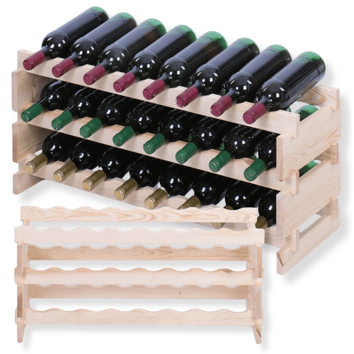 Suport pentru 24 butelii vin, MODO24, modulabil, montaj fara unelte, lemn de pin, bej