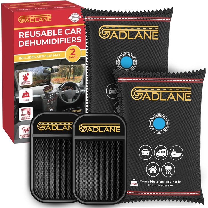 Dezumidificator Auto Reutilizabil GADLANE 350g, set 2 buc, cu Covoras Anti-Alunecare, elimina aburul, protejeaza impotriva mucegaiului