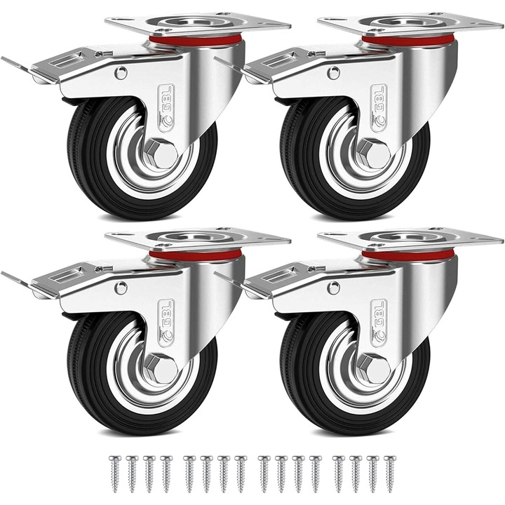 Set 4 roti universale GBL, pentru transport, 75 mm, pivotante 360°, sarcina maxima de incarcare 200 kg, cu 4 frane, din otel, Negru/Argintiu