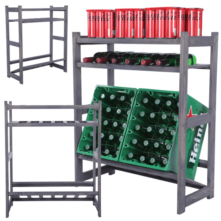 Raft modular pentru sticle si ladite MODO24, 3 polite, gri, 85.8 cm, lemn impregnat