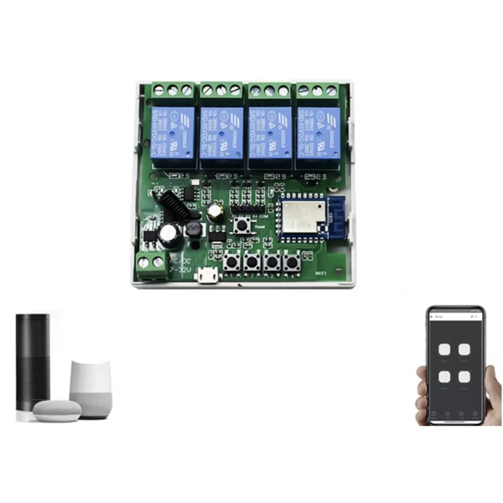 Modul releu inteligent WiFi cu 4 canale, Mxm, DC 7-32V, 2200W, dimensiuni 80x75x25mm