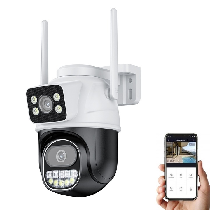 Двойна PTZ Камера за Външно Наблюдение 8MP WiFi, Двойна Леща, Въртене на 360°, Детекция на Човек, IR Нощно Виждане, Onshop, Бяло/Черно