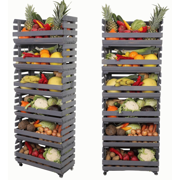 Raft modular pentru legume MODO24, 6 ladite, cu roti, 157x60x30cm, gri, lemn impregnat