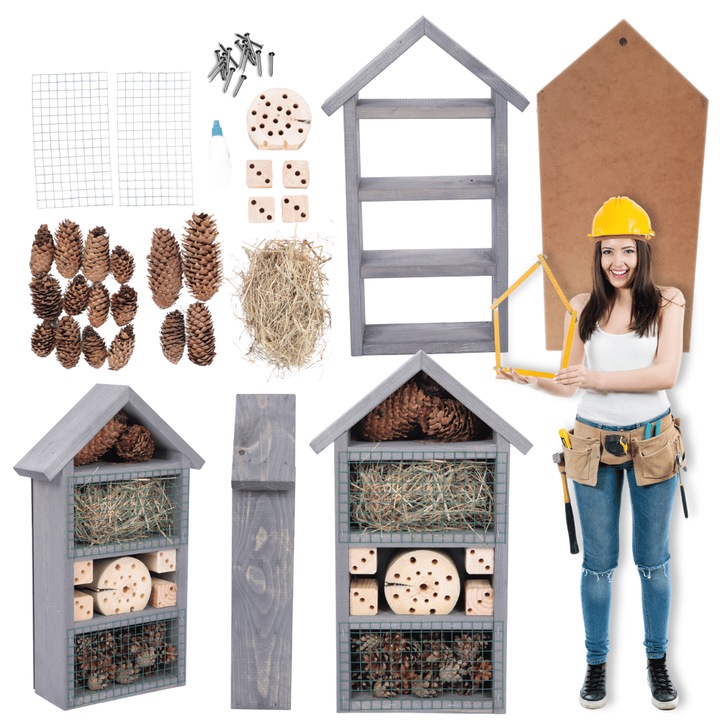 Casuta pentru insecte, MODO24, 47cm, lemn, gri