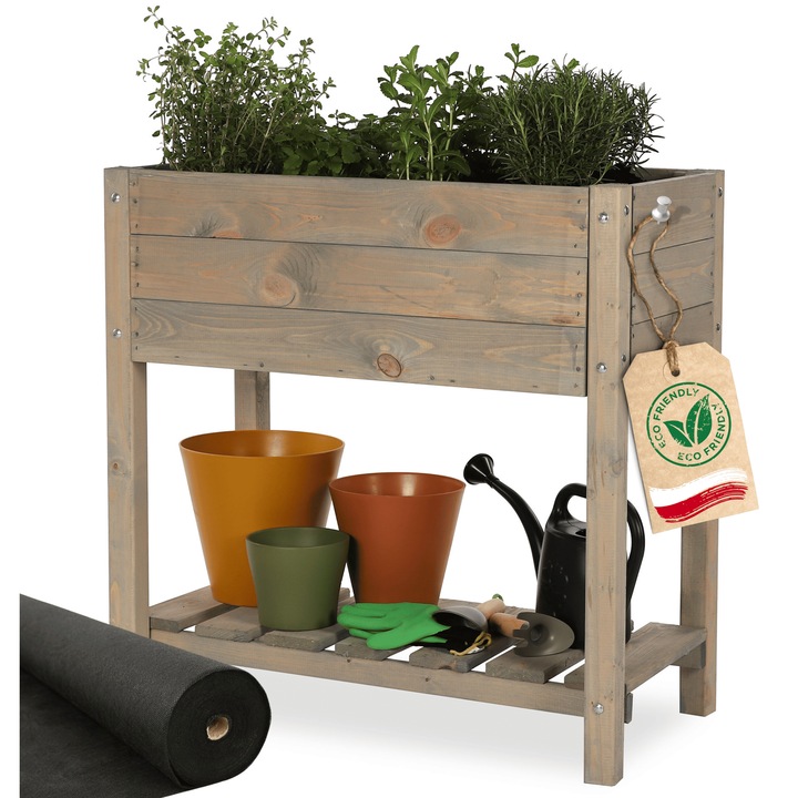 Ghiveci pe picioare MODO24, 78x40cm, din lemn, gri, pentru ierburi si legume, set cu agrowloknina