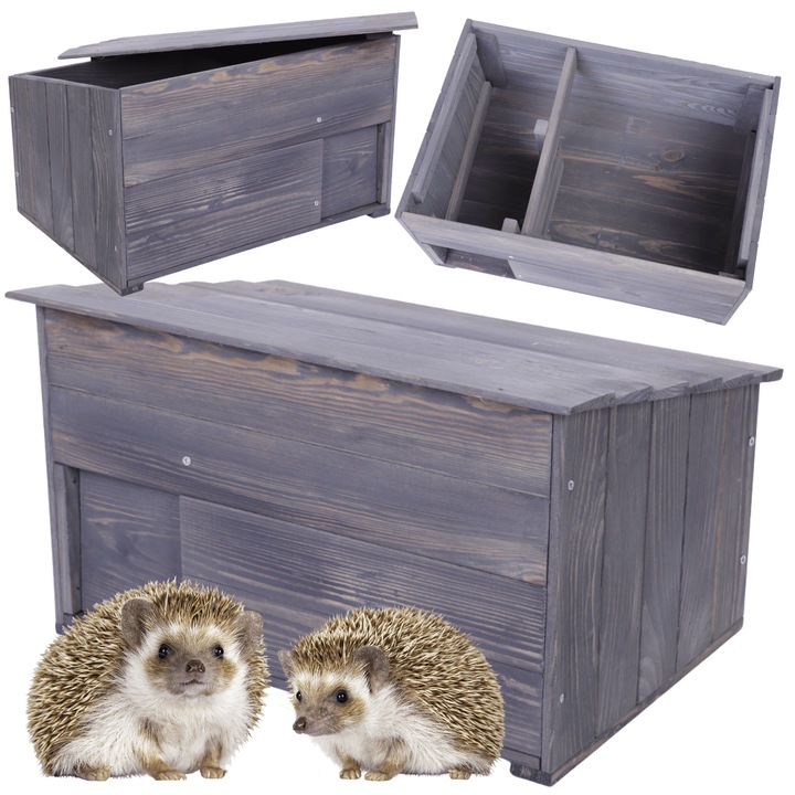 Casuta pentru arici MODO24, S, gri, lemn, acoperis deschis, izolatie imbunatatita