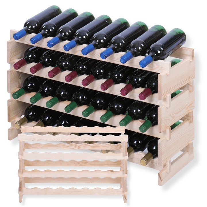 Suport pentru 32 butelii, MODO24, regal modulabil, montaj fara unelte, lemn de pin, bej