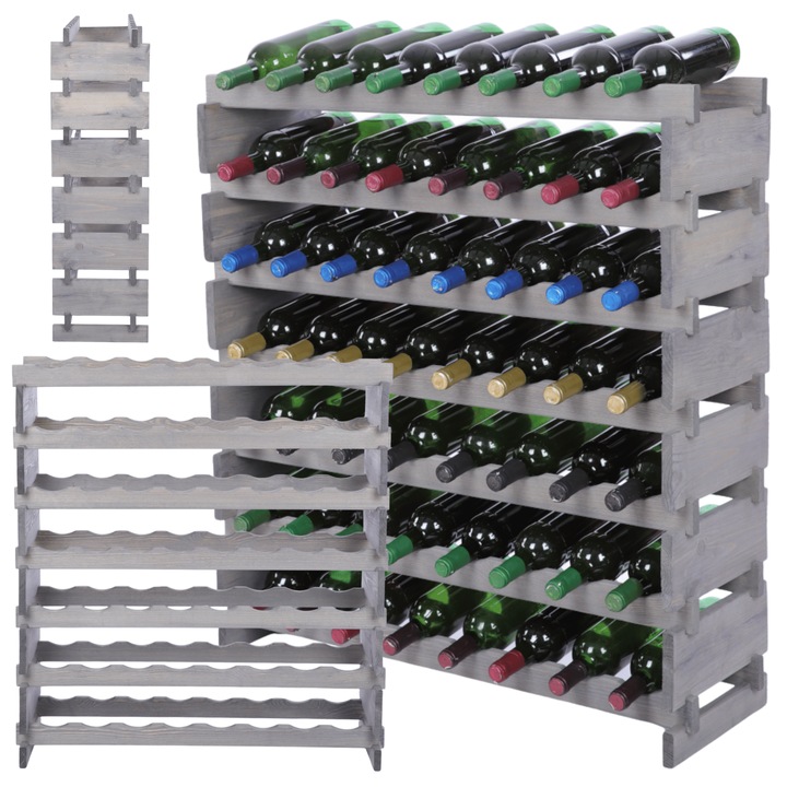 Suporturi pentru vin MODO24, modulare din lemn, 7x8 butelii, montaj fara unelte, gri