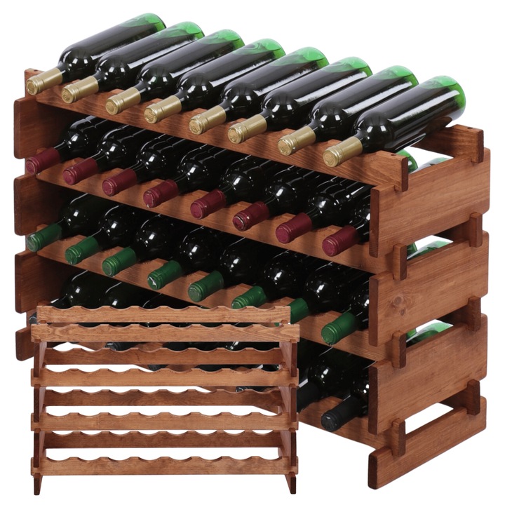 Suport pentru vin MODO24, modulabil, 32 butelki, lemn de pin, montaj fara unelte, maro