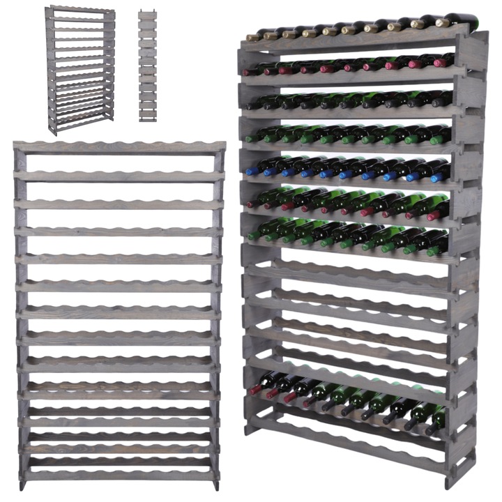Suporturi pentru vin MODO24, modulare, 130 butelii, lemn, gri, 13x10cm