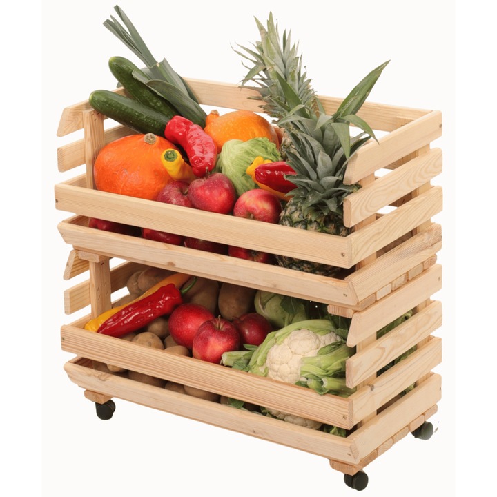 Raft pentru legume MODO24, 2 ladite, cu roti, 55x60x30cm, lemn, bej