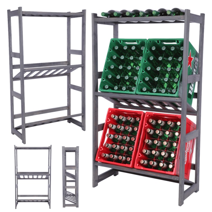 Raft modular pentru sticle si ladite MODO24, 3 polite, lemn impregnat, gri, 124.2cm