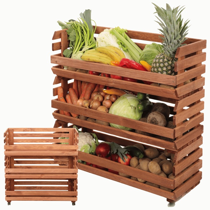 Set 3 cutii modulare pentru legume MODO24, 81x80x30cm, culoare maro, cu roti, din lemn impregnat