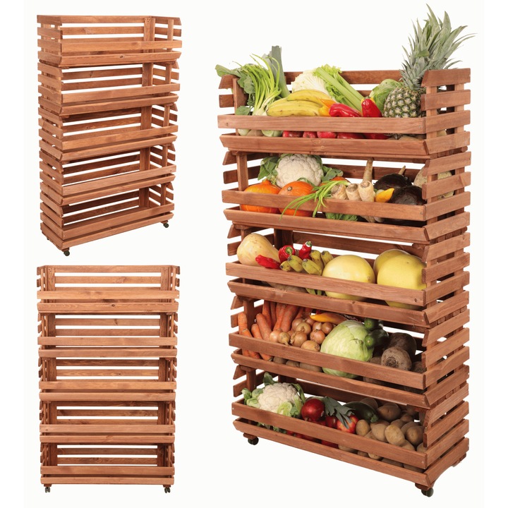 Raft modular pentru legume MODO24, 5 ladite, cu roti, 132x80x30cm, lemn impregnat, maro