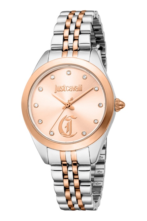 JUST CAVALLI, Ceas rotund cu bratara din otel inoxidabil cu cristale, Auriu rose, Argintiu