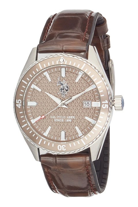 U.S. Polo Assn., Ceas rotund cu o curea din piele si detaliu logo pe cadran, Argintiu, Maro